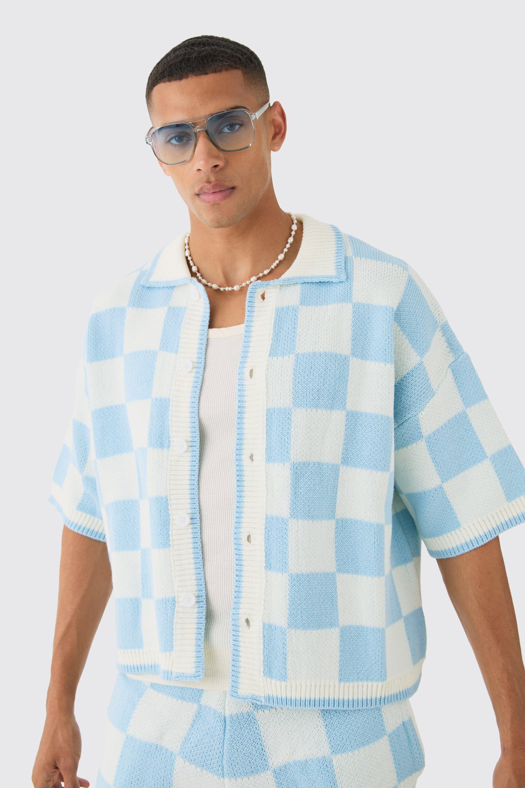 Mens Blue Oversized Boxy Check Knitted Shirt, Blue